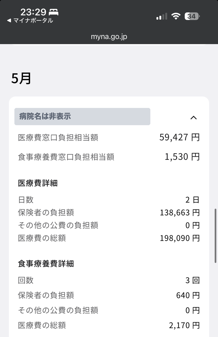 マイナポータルの医療費明細。医療費の総額198,090円、窓口負担59,427円