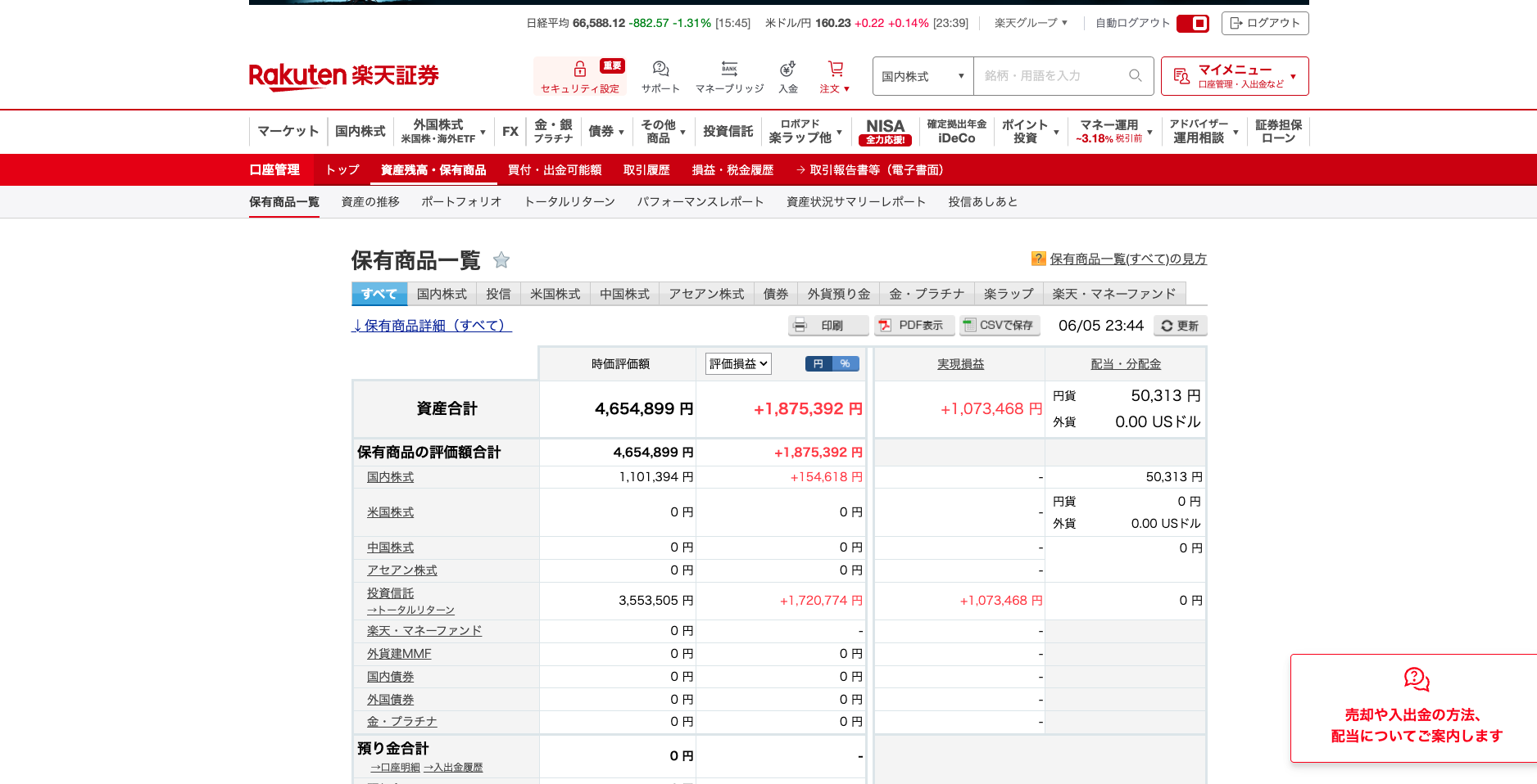 楽天証券 保有商品一覧 時価評価額465万円 評価損益+187万円
